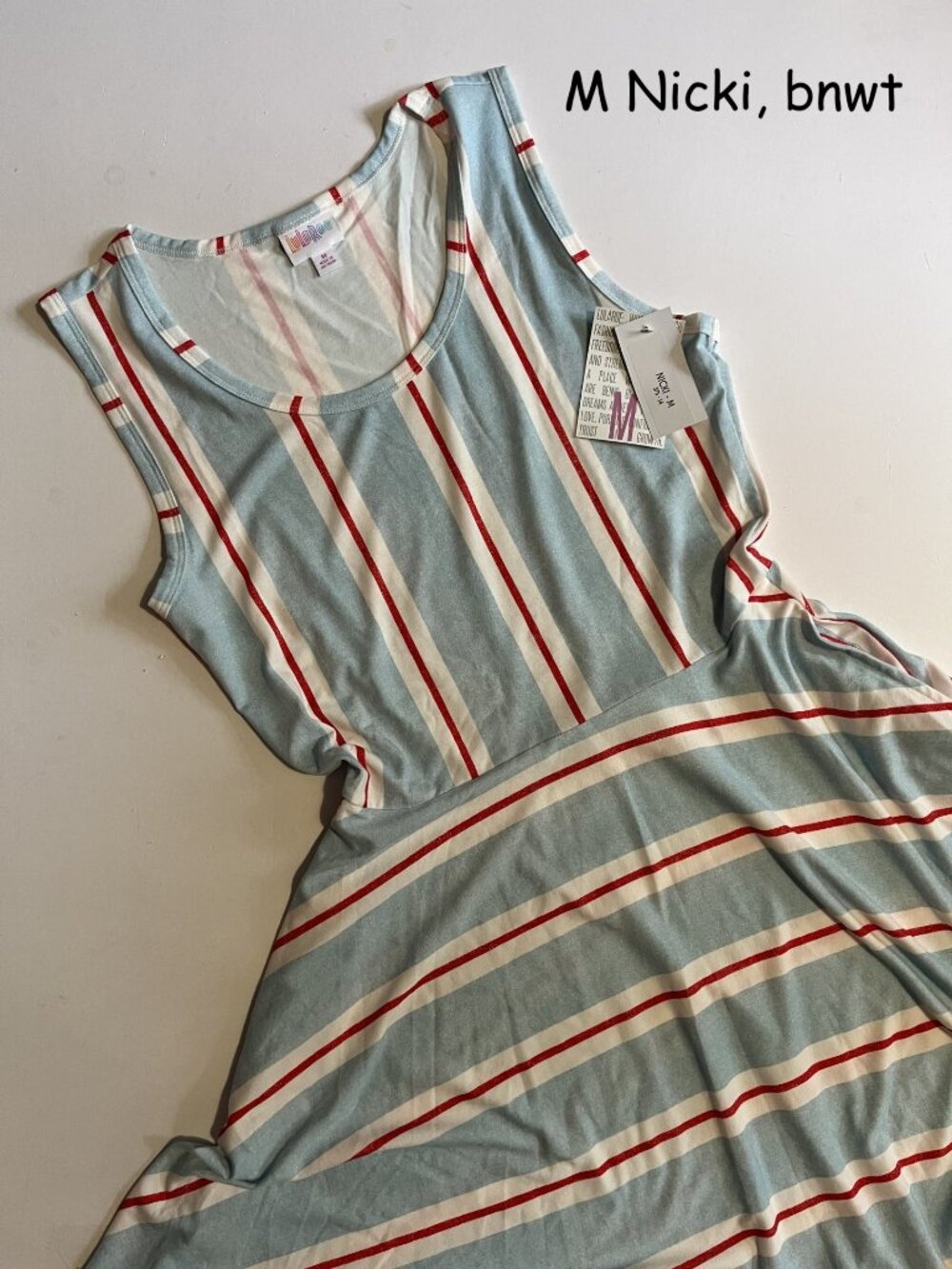 Medium Lularoe Nicki tank dress, blue with red and white stripes